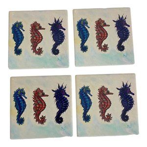 4 Bernard Sea Horse Louisiana Absorbent Stone Cork Back Coaster Set NEW